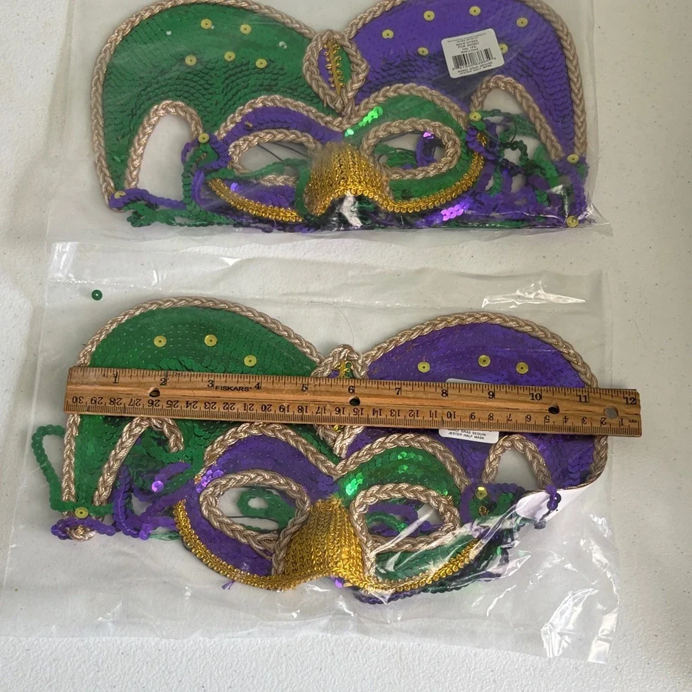 Mardi Gras Sequin Jester Half Mask Pair in Green, Purple & Gold with Dangles